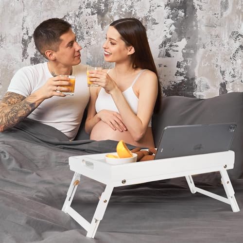 Greenual 2 Pack Bed Tray Table with Handles Folding Legs, Bamboo Breakfast Food Tray with Media Slot, Use As Platter, Laptop Desk, Snack, TV Tray Kitchen Serving Tray(White) - color: White