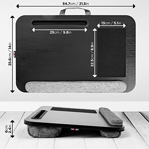 Duronic Laptop Tray with Cushion DML433 | Ergonomic Lap Desk for Bed, Sofa, Car | Built-in Mouse Pad, Wrist Pad and Tablet Holder | Black/Grey | Portable Design with Carry Handle| for Home/Office