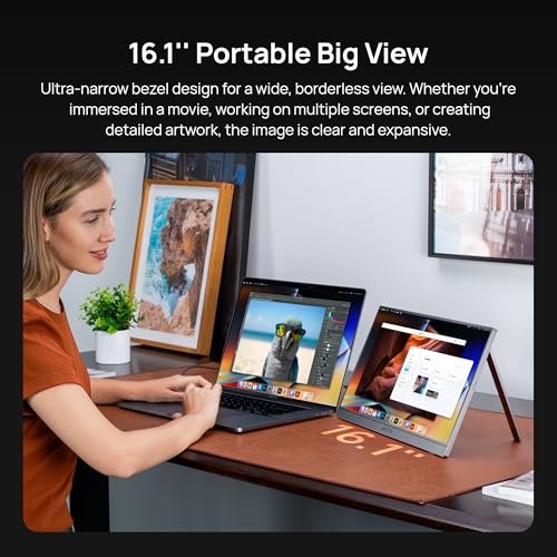 ARZOPA 16.1" Portable Monitor Gray, 100% sRGB FHD 1080P Kickstand & PU Sleeve Bag Combination