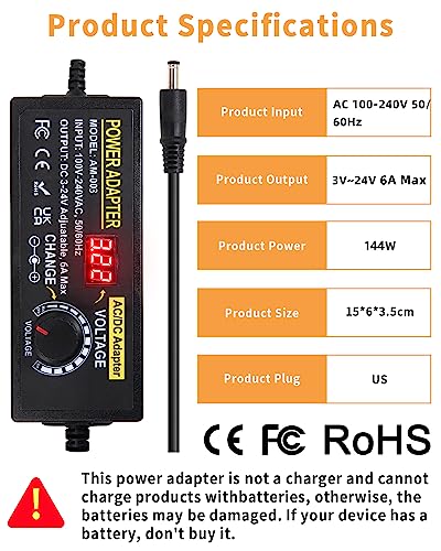 3~24V 6A Adjustable Universal Power Supply Adapter 144W AOYADAISU DC Power Supply with Polarity Converter&14 Tips, 3V 5V 6V 9V 12V 15V 18V 19V 20V 24V 100V-240V AC to DC Converter for LED Strip Light - style: 3-24V 6A 144W