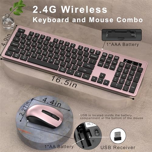 MPTOG Wireless Keyboard and Mouse Combo, Full-Size 104-Key Office Keyboard with 15 Function Keys, Numeric Keypad, Single USB Receiver, Compatible with PC and Laptop(Pink) - color: Pink