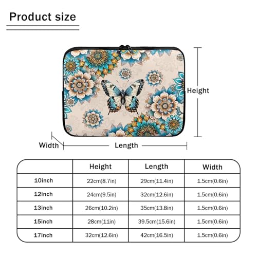 Bohemia Butterfly Flower Laptop Sleeve, Portable Computer Tablet Carrying Case Laptop Cover Briefcase Fits Up to 17 Inch Tablet/Notebook, Travel/Business/School Zipper Laptop Bag - color: Bohemia Butterfly Flower, size: 10 Inch