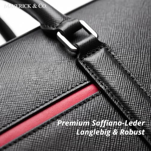 Maverick & Co. Manhattan Genuine Saffiano Leather Briefcase for Men - Slim Professional Laptop Bag for Work & Business Travel, Fits 16" Laptop (Black-Racing Red)