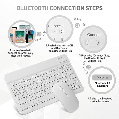 Bluetooth Keyboard and Mouse Combo Rechargeable Portable Wireless Keyboard Mouse Set for Apple iPad iPhone iOS 13 and Above Samsung Tablet Phone Smartphone Android Windows (10 inch White) - color: white