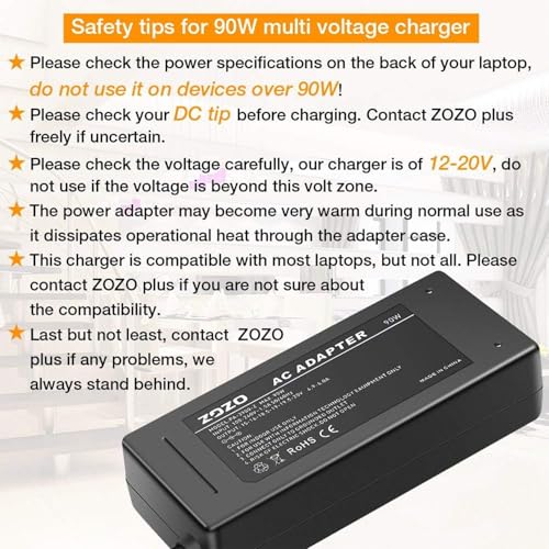 ZOZO 90W AC Universal Laptop Charger for HP Dell Gateway Toshiba Lenovo Acer Asus Samsung Sony Fujitsu Notebook Ultrabook Chromebook DC 12V 16V 18.5V 19V 19.5V 20V Power Adapter Supply Cord