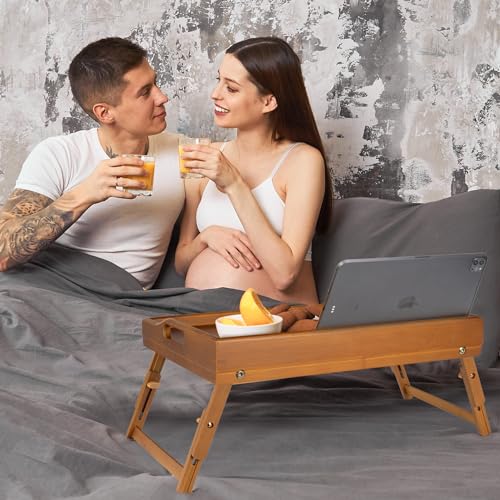 Greenual 2 Pack Bed Tray Table with Handles Folding Legs, Bamboo Breakfast Food Tray with Media Slot, Use As Platter, Laptop Desk, Snack, TV Tray Kitchen Serving Tray(Brown) - color: Brown