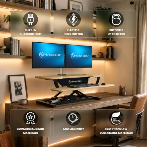 VERSADESK PowerPro 40 Inch Electric Standing Desk Converter – Push-Button Height Adjustable Sit to Stand Desk Riser for Triple Monitors & Laptop – Motorized Desktop Workstation with Wide Keyboard Tray - color: Maple, size: 40" Wide
