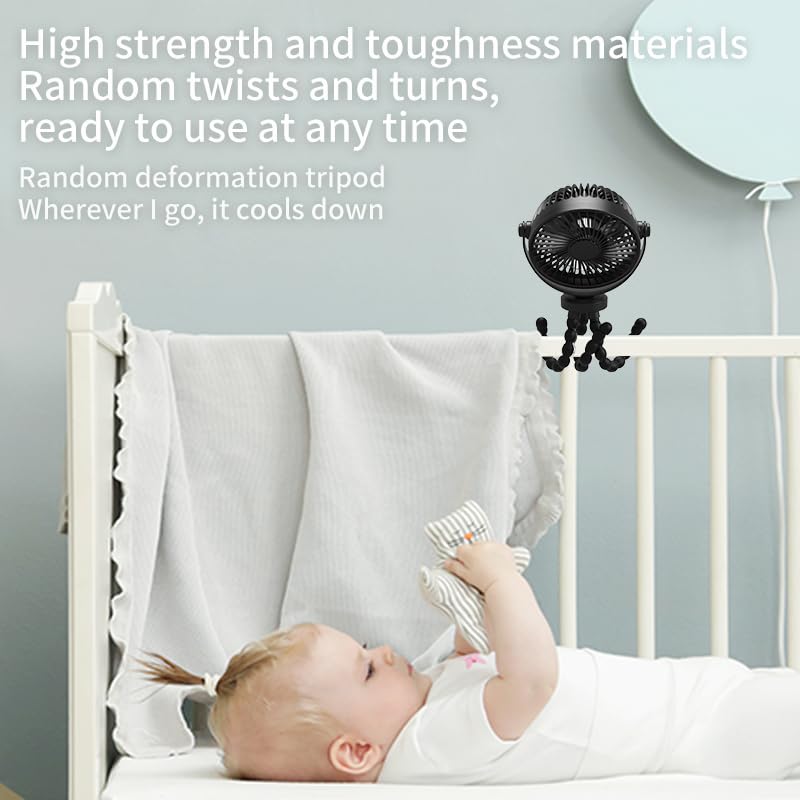 snawowo Mini Portable Stroller Fan, 3000mAh Battery Operated Personal | Small Handheld Fan with Flexible Tripod, 360 Rotate 3 Speed Rechargeable Clip on for Car Seat Crib Treadmill Travel Camping - color: U-Black