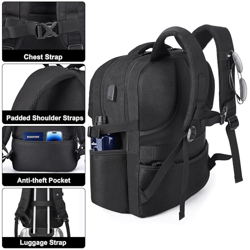 MOZETO 17 Inch Laptop Backpack, Large Tactical Inspired Travel Bag (Black) | USB Charger Port Computer Bag 18x14x8 Flight Approved Personal ltem Carry on Travel Backpack