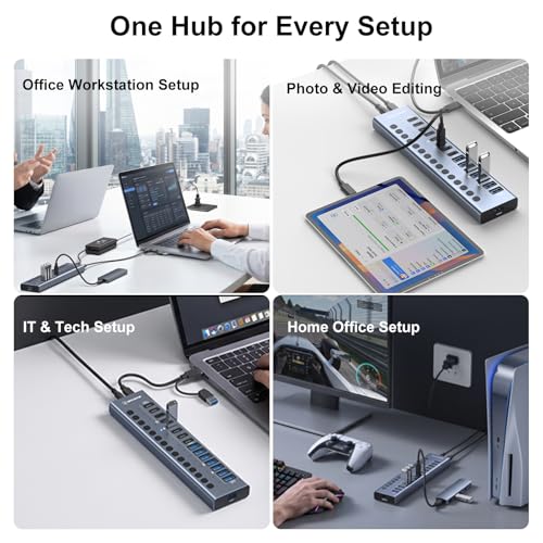 Powered USB 3.2 Hub, 16 Ports Powered USB Hub with 10Gbps Data Speed, USB Hub (8 USB-A 3.2 Ports+8 USB-C 3.2 Ports) with 96W Power Adapter for PC/Laptop, Computer, Flash Drive, Printer, Camera