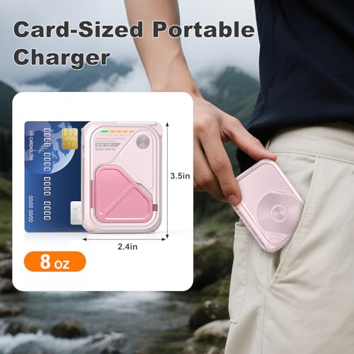 SEANCHEER P05 Portable Charger, Magnetic Power Bank, Small PowerBank, Battery Pack10000mAh Travel Essentials Fast Charging with Built in Cable, Foldable Wall Plug for iPhone,Samsung,Andriod (Pink) - color: Pink