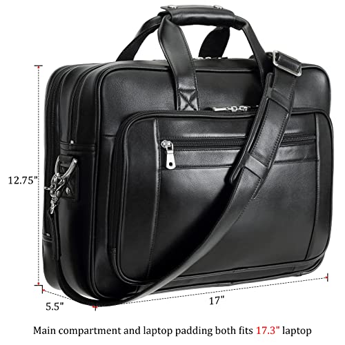 Polare 17" Full Grain Leather Laptop Briefcase Business Travel Laptop Carrying Case Shoulder Bag For Men Fits 17.3” Laptop - color: Black