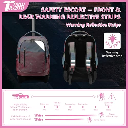 NEW TILAMI 18 Inch Rolling Backpack with Lunch Bag for Girls Boys School | 6-Wheel Stair-Climbing Girls Boys Carry-on Suitcase Water-Resistant Adjustable Trolley Handle Wheels School Travel Camping - color: Pink Sunset Glow