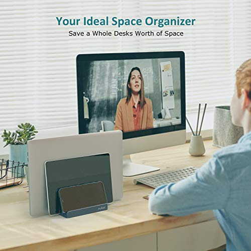 Vertical Laptop Stand - SPACEMax Adjustable GRIPLock Anti-Tip Silicone 4 Slots Aluminum Desktop Holder - Double Dock Stand - 2 Phone Slots Fits Up to 17.3” Laptops, Tablets, Phones - Gray - color: Gray