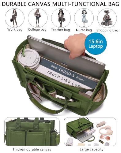 Canvas Tote Bag for Women,Women's Bags Crossbody Bags Work Laptop Tote Bag Large Handbags Purse for Travel Nurse Teacher - color: New Upgrade Army Green With Compartments and Side Cup Holders