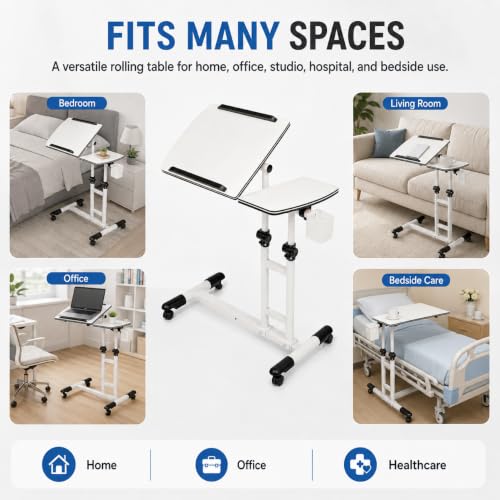 Mobile Standing Desk Adjustable Height, Rolling Laptop Desk with Tilting Desktop, Portable Overbed Table on Wheels, Small Computer Writing Desk for Home Office, Bedside, Sofa, Side Table, White