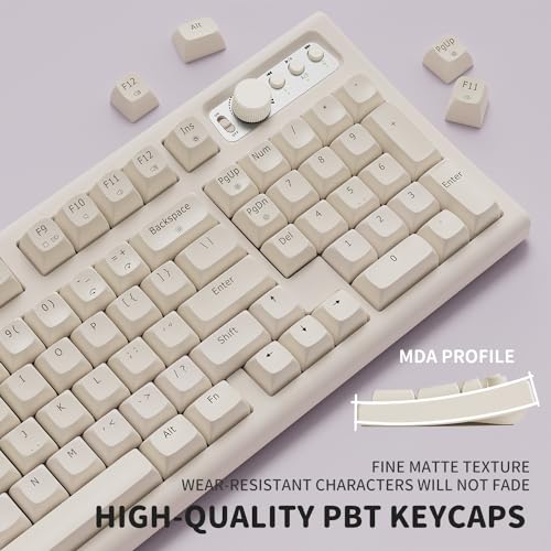 SEUNKWANG EWEADN V97 Cute Creamy Keyboard, Bluetooth/2.4GHz Gaming Keyboard Wireless with RGB Backlit, Media Knob, Curved Body, Rechargeable Quiet Computer Keyboards for MAC Xbox PC Gamer-White