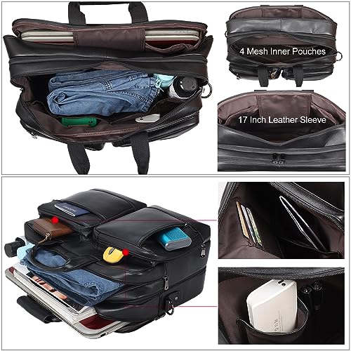 Masa Kawa Expandable Leather 17" Laptop Travel Messenger Duffel Bag Men | Large Overnight Weekend Business Trip Duffel Bags with Luggage Strap, Crossbody Shoulder Computer Briefcase - color: Black
