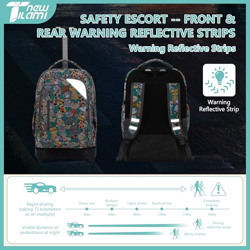 NEW TILAMI 18 Inch Rolling Backpack with Lunch Bag for Girls Boys School | 6-Wheel Stair-Climbing Girls Boys Carry-on Suitcase Water-Resistant Adjustable Trolley Handle Wheels School Travel Camping - color: Cats Cute