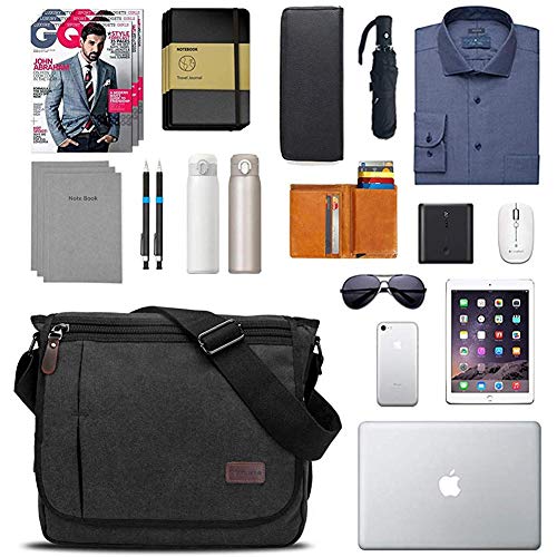 Modoker Messenger Bag for Men, 13 Inches Laptop Satchel Bags, Canvas Shoulder Bag with Bottle Pocket - color: Black