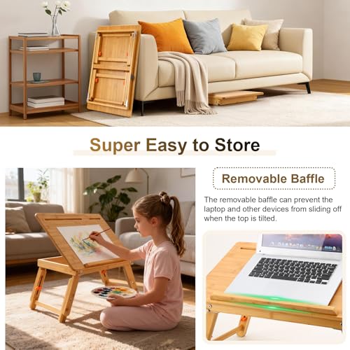 Drawing Table Nnewvante Laptop Desk Adjustable Drafting Desk Foldable Bamboo Bed Tray with Tablet Slot for Adult Kids, Large