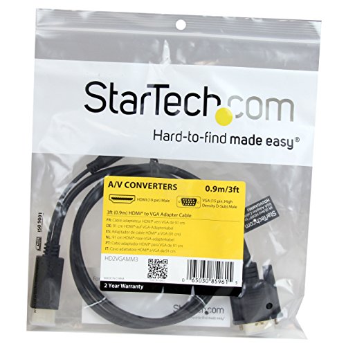 StarTech 3ft Active HDMI to VGA Cable, 1920 x 1200, 1080p, M/M (HD2VGAMM3) | Active HDMI to VGA monitor, Display or projector cable, 1m, Adapter and cable in one, Male to male - size: HDMI to VGA Cable - 3ft / 1m