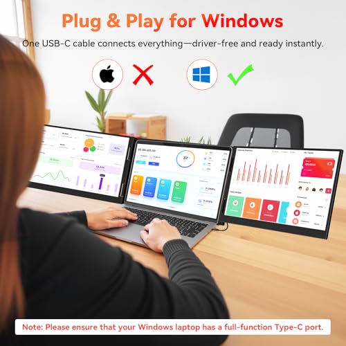 HotYeah Laptop Screen Extender (Windows Only), Dual 15.6" 1080P FHD Monitor | One Cable Connection, USB-C Travel Screen for 12 - 17" Laptop, Triple Portable Monitor w/ Kickstand & 240° Rotation - size: Dual 15.6"