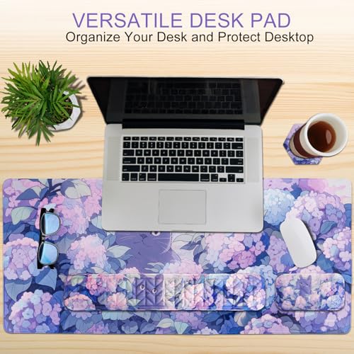 Petmolico 4-in-1 Wrist Rest Set with Desk Pad, Blue Flower Cat | Non-slip PU base, soft Lycra & memory foam, ergonomic pain relief, great for home/office - color: Blue
