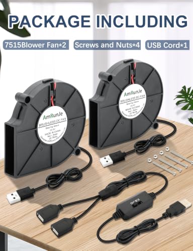 Dual USB Blower Fan 75mm 5V Squirrel Cage Fan for Helmet | 2 Packs Small USB Fan with Speed Control, Cooling Computer humidor DIY Receiver - size: 2x 75mm x 15mm