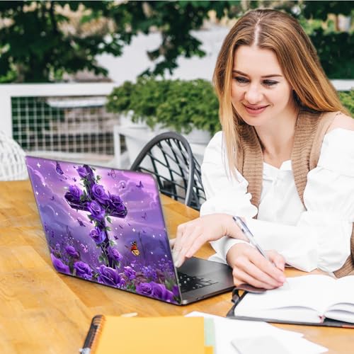 Laptop Skin Sticker Decal, Universal Reusable Vinyl Laptop Cover for 12" 13" 13.3" 14" 15" 15.4" 15.6" Notebook PC, Reusable Waterproof Scratch-Resistant with 2 Wrist Pads,Cross Purple Rose - color: Cross Purple Rose