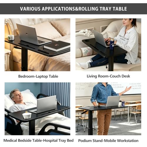 BeGyoku Overbed Table with Hidden Wheels, Pneumatic Height Adjustable Rolling Bedside Table, Hospital Home Use (Black) - color: Black