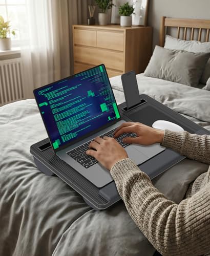 Lap Desk 2-Pack - Up to 17” Laptop with Wrist Rest, Portable Handle, 2 Self-Adhesive PVC Mouse Pads, Tablet & Phone Slots, Laptop Stand for Bed with Cushion