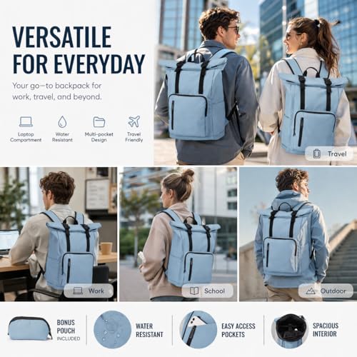 Roll Top Laptop Backpacks for Men & Women, Anti-Theft Travel Backpack Fits 15.6-17.3 Inch Laptop, Water-Resistant Durable Computer Bag for Work, College & Daily Commute (Blue) - color: Blue