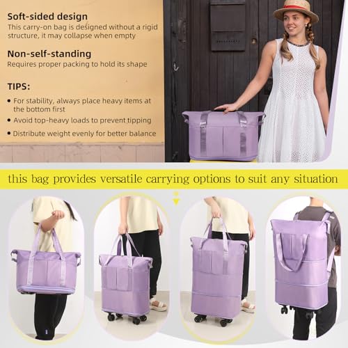 VOOWO Duffel Bag with Wheels - Rolling Foldable Expandable Duffle Bag with Wheels for Travel, Rolling Luggage Bag Carry On Travel Bag with Wheels, Large Wheeled Overnight Weekender Bag (Light Purple) - color: Light Purple