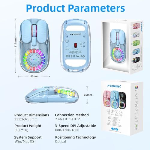 Wireless Bluetooth Mouse, Transparent BT+2.4G Dual-Mode Gaming Mouse with Magnetic Top Cover, Rechargeable RGB Backlit Computer Mouse for Laptop, PC, MacBook, iPad (Blue) - color: Blue