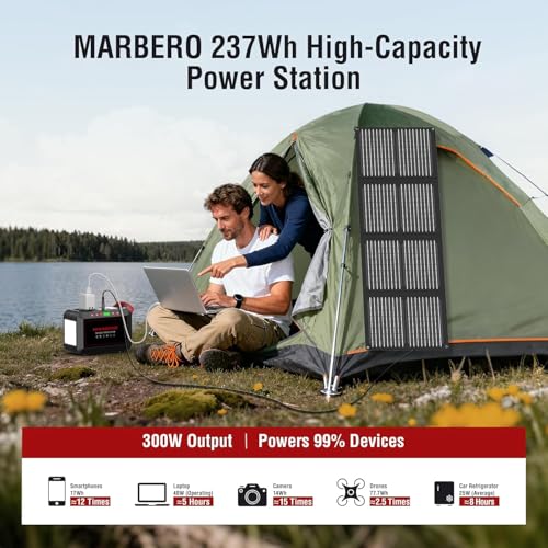 Portable Power Station 300W MARBERO 237Wh Camping Solar Generator Backup Lithium Battery with Pure Sine Wave 110V AC Outlet, USB C, USB A, DC for Outdoors Camping CPAP Home Blackout Emergency | Backup Lithium Battery with Pure Sine Wave 110V AC Outlet, US