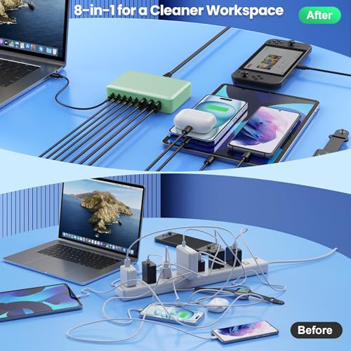 USB C Charger 300W USB C Charger Block GaN IV 8-Port Fast Charging Station Hub,Upgraded PD 100W Laptop Desktop Chargers Adapter for MacBook Pro/Air,DELL,Steam Desk,iPhone 17/16,Samsung Galaxy S25-Mint