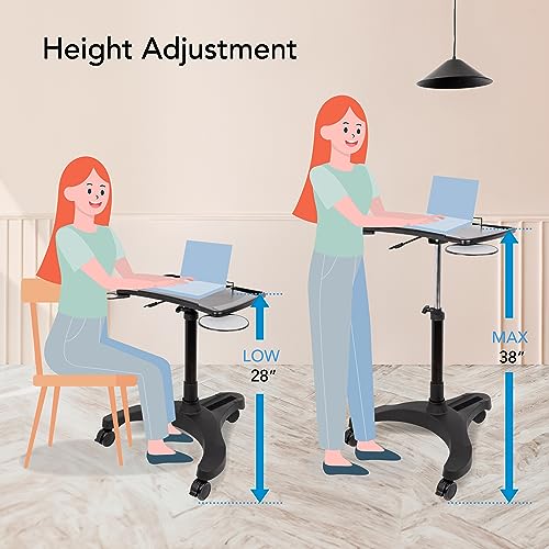 EHO Mobile Laptop Standing Desk Carts on Wheels with Stationery Storage, Pneumatic, Height Adjustable Rolling Stand, Sit to Stand Computer Cart, Workstation for Home, Office, Medical and School - style: Pro Desk
