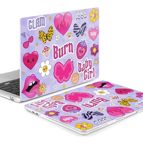 Batianda LumiArt Case for MacBook Air 13.6" M2-M5 Chip, Y2K Sticker | 4-in-1 set with cute fun Y2K sticker design, ultra slim hard shell protection for girls, teens, students and fun style lovers - color: Y2K Pink Collage