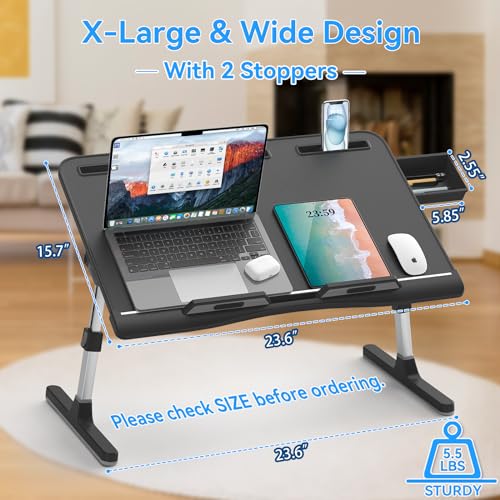 Laptop Bed Desk, X-Large Leather Adjustable Computer Bed Table Tray, Foldable Laptop Lap Desk for Bed Sofa Couch Floor Writing Eating Working with Drawer 2 Movable Stoppers (23.6 inch, Black) - color: Black