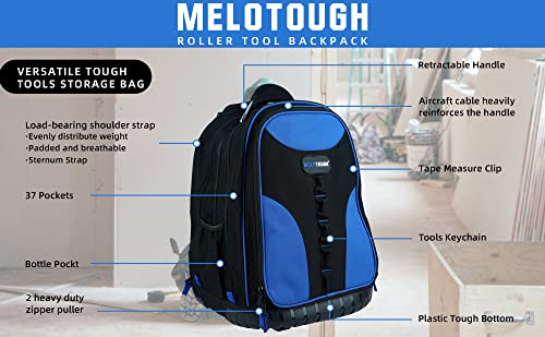 MELOTOUGH Wheeled Rolling Automotive Tool Bag Backpack Blue | Heavy-Duty Water-Resistant 600D, 37 Pockets & Large Interior, Smooth Wheels & Telescoping Handle, Pro Tool Organizer - color: Blue