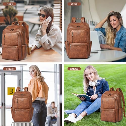 17 inch Leather Laptop Backpack for Women, Large Travel Backpack with 6 Compartments, Vegan Leather Computer backpack purse for Work Casual Daypack College - color: Brown