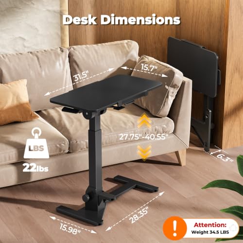 JOY worker Foldable Rolling Standing Desk, 180° Tilt Overbed Bedside Table | Height Adjustable, 31.5" Black MDF Top with Lips, Collapsible Top & Base for Storage, Poratble Mobile Desk for Home Hospital - color: Black, size: Height 27.75"-40.55"