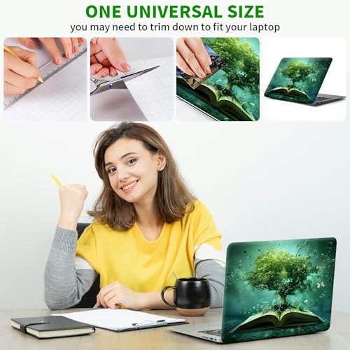 Laptop Skin Sticker Decal, Universal Protective Cover Fit 12 13 14 15.6 Inch Notebook, Reusable Water-Resistant Vinyl Decal w/ 2 Wrist Pads for Business Travel Office, Green Book Tree - color: Green Book Tree