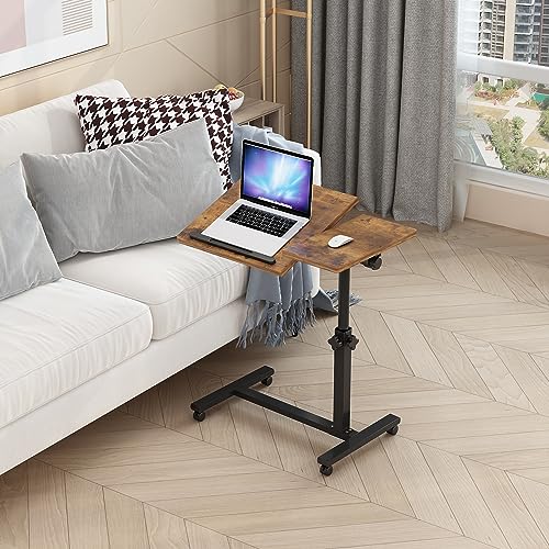 TigerDad Overbed Bedside Desk Mobile Rolling Laptop Stand Tilting Overbed Table with Wheels Height Adjustable Tray Table for Laptop Bed Sofa Side Table (Rustic Brown) - color: Rustic Brown
