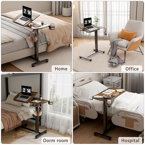 6 In 1 Overbed Table, 32'' Long Hospital Bed Table, Bedside Table (Walnut) | 32'' Length, 0- 90°Adjustable Tilt, Standing Desk Charging Station, Cup Holder, Hook, 30''-43'' Height Home Hospital Office - color: Walnut