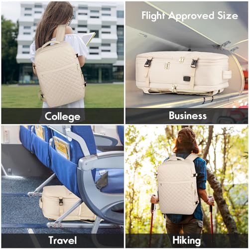 Large Travel Backpack Women, Flight Approved Carry On Backpack, Water Resistant Anti-Theft Large Casual Daypack Fit 17 Inch Laptop with USB Charging Port, Beige - color: Beige, size: 17.3 inch