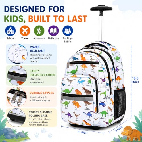 Heavy Duty Rolling Backpack School Bookbag with Wheels Deluxe Wheeled Daypack - color: Dino