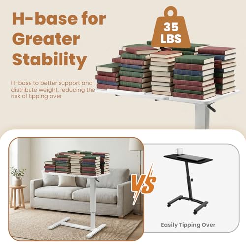 Portable Overbed Rolling Desk, Height Adjustable Mobile Standing Table, Foldable 31 Inch Small Laptop Bedside Desk with Tiltable Desktop, Hidden Wheels, Tray Table for Bed Sofa Side, White - color: White