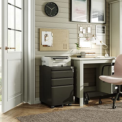 DEVAISE 3 Drawer Mobile File Cabinet with Lock, Under Desk Metal Filing Cabinet for Home Office/Legal/Letter/A4 File, Fully Assembled Except Wheels, Black - color: Black, size: 17"D x 15"W x 24"H